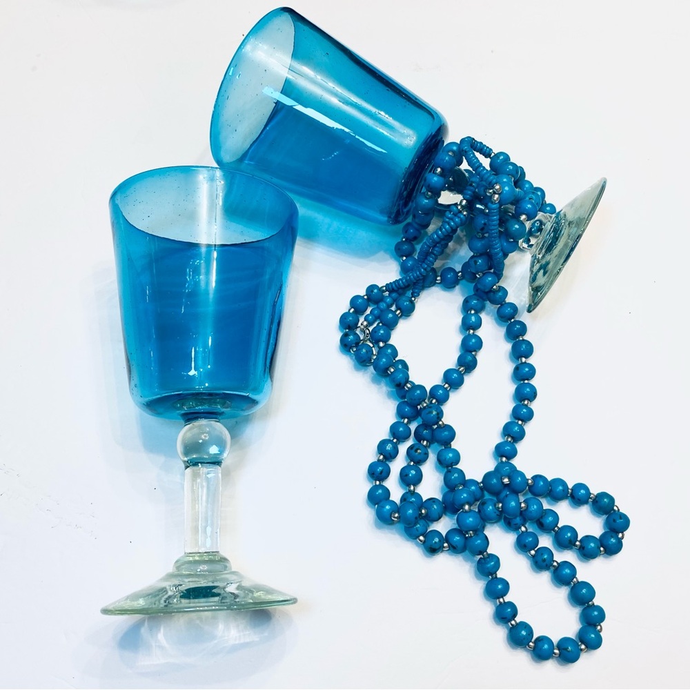 Hand-Blown Blue Wine Goblets by Javier & Efrén Novica Mexican Artisan Glassware